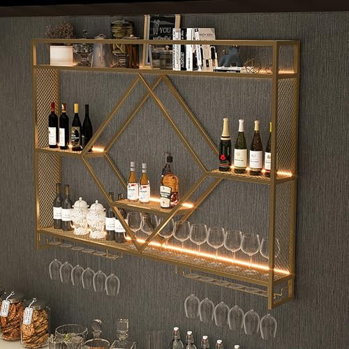 Étagère À Vin Murale Industrielle,Porte-bouteille En Métal,Range Bouteille,Rangement Bouteilles De Vin,Casier À Vin En Fer,Doré/Noir,Casiers À Bouteille Avec Porte-Verre,Pour Cuisine,Meuble Bar,Café (