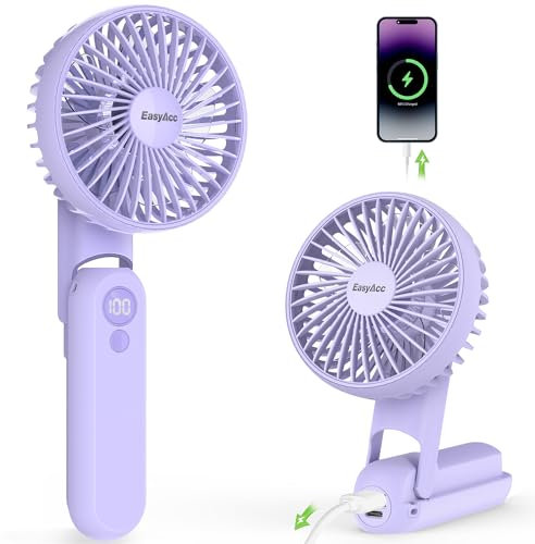 EasyAcc Handventilator,2600mAh Tragbarer Mini Ventilator mit 5 Geschwindigkeiten,8 Stunde Reichweiteund,USB LED Ventilator,Klein Aufladbar 4 in 1 Hand Ventilator für Reisen,Büro,Zuhause,Draußen-Lila