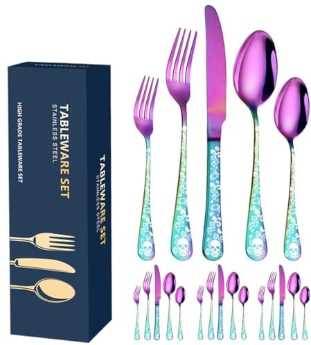 XIAOYU 20-teiliges Gothic-Totenkopf-Besteckset für 4, Skelett-Blumen-Musterdesign, Messer/Gabeln/Löffel für Halloween-Events, Regenbogen