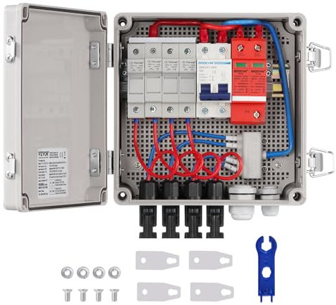 VEVOR Boîte de combinaison PV, 4 cordes, boîte de combinaison solaire avec fusible de courant nominal 10 A, disjoncteur 63 A parafoudre, en plastique ABS pour système de panneaux solaires on/off, IP65