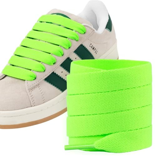 Puzeam 2 Paire de Lacets Vert fluo 120cm Larges pour Basket, Sneakers, Chaussures de Sport, Lacets Chaussures Plat, 15 mm Lacet Gros Large