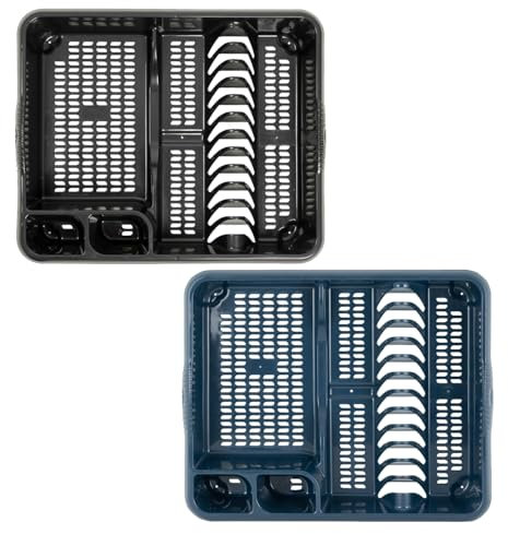 Combo Colour Of Large Plastic Dish Drainer Tray Utensil Holder Draining Board Dish Drying Rack For Plates and Cutlery 46.50 x 38.00 x 9.00 cm For Kitchen Countertop - (Midnight Greyish, Midnight Navy)