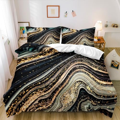 Luowei Marmor Muster Bettwäsche 200x220 cm Gold Braun Bettwäsche Set Microfaser Luxus Modern Bettbezug und 2 Kissenbezüge 80×80cm mit Reißverschluss