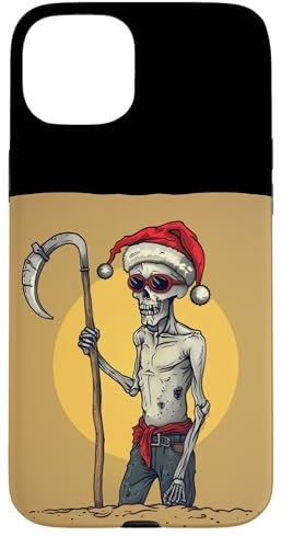 Custodia per iPhone 15 Plus Divertente Tristo Mietitore con Falce e Cappello di Natale Costume