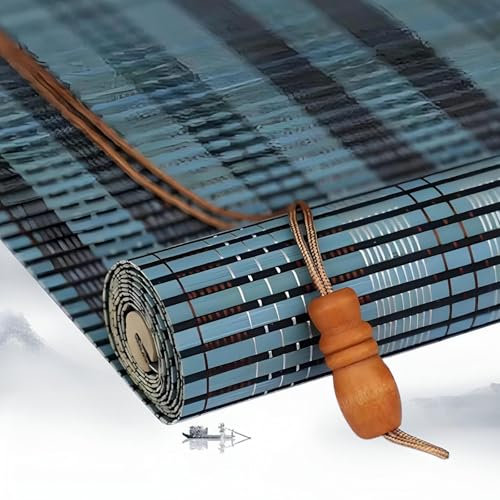 Eiauiuo Blau Bambusrollo Natürliche Bambus Jalousien Sonnenschutz Sichtschutz Bambusvorhang Beschattung Raffrollo UV-Schutz 85% Schattierungsrate Bambus Rollo mit Hakenaufhängung(80x200cm)