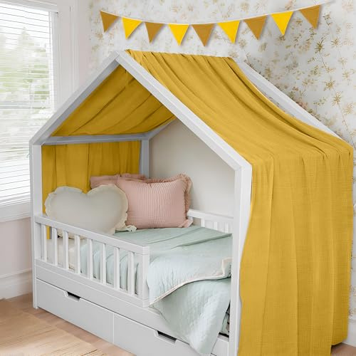 ToxyJopy Hausbett Himmel aus 100% Musselin Baumwolle – Handgemachte Hausbett Deko mit Stoffvorhang – Betthimmel für Hausbett