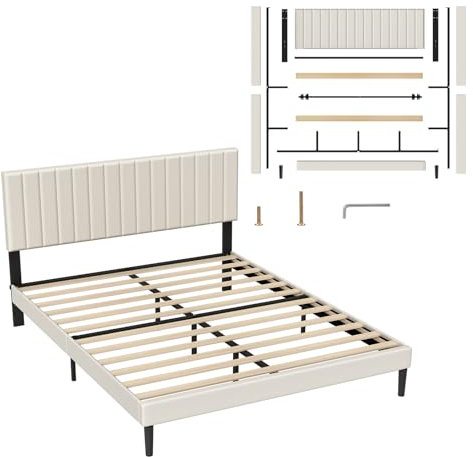 UISEBRT Polsterbett 160 x 200 cm – Bettrahmen mit Knöpfen, Plattformbettgestell mit gepolstertem Kopfteil aus Samt, Holzlattenstütze, Doppelbett für Erwachsene, Modernes Design (Beige)