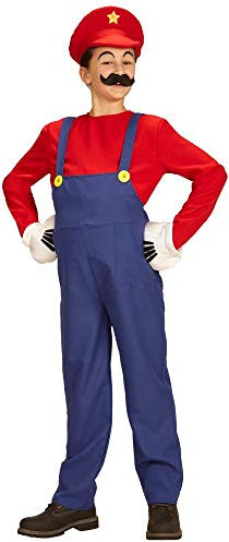CARTOON Costume da super idraulico Mario per bambini travestimento salopette maglia cappello carnevale feste a tema (11-13 anni)