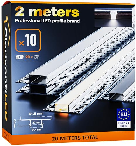 ClarivantiLED 2m×10 Trockenbauprofil Aluminium Profil für LED Streifen bis 20mm,Unterputz LED Leiste mit milchiger Abdeckung,Decken- und Wandmontage,Diffusor,Schattenfuge,Profil für Trockenbau einbau
