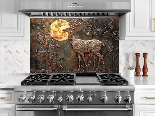 Myphotostation 71,1 x 45,7 cm (B x H), goldener Mondschein, Hirsch, Blumenmuster, Bronze, Glas, Küchenrückwand aus gehärtetem Glas, Spritzschutz für Küche, Herd, Herd, Herd-Rückabdeckung