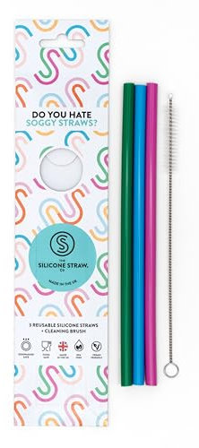 Reusable Silicone Straws – Made in The UK | BPA-Free, Food-Grade, Plastic-Free, Dishwasher Safe | Eco-Friendly Drinking Straws for Kids & Adults – 3-Pack with Carry Pouch & Cleaning Brush