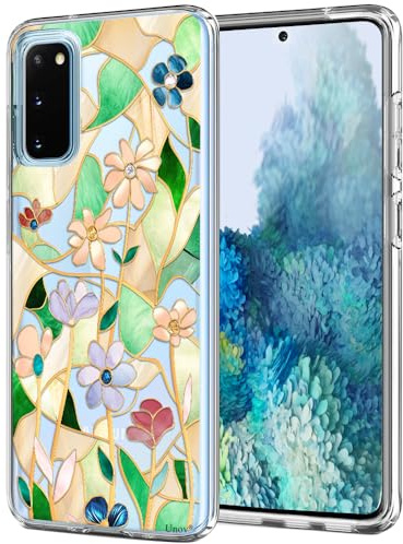 Unov Case Compatible with Galaxy S20 Case Clear with Flower Glass Stained Floral Pattern Slim Protective Soft TPU Bumper Embossed Design Shock Absorption Back Cover | Slim Fit Good Grip, Anti-Slip Embossed Pattern Design, Shockproof Protective, Raised Camera Protection, Anti-Scratch Soft TPU