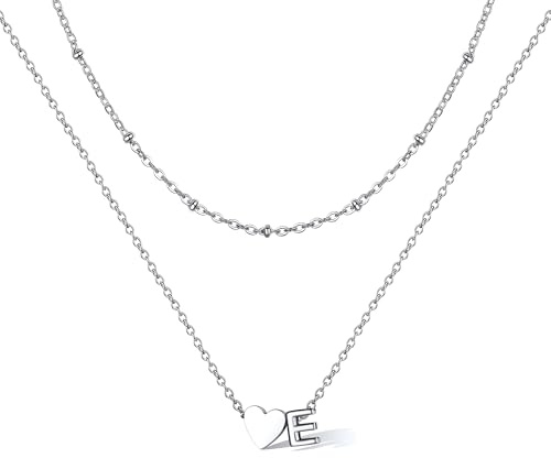 Bestyle Kette Damen mit Buchstaben Silber Herz 316L Edelstahl Doppelschichtige Halskette Kleine Perlen 35cm+Verstellbare 40+5cm