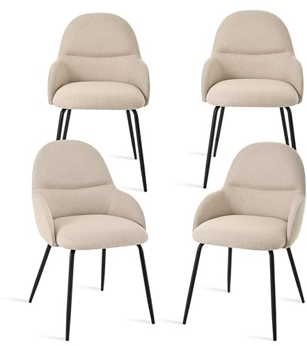 Goeurvant Esszimmerstühle 4er Set mit Armlehne – Ergonomische Polsterstühle, Moderne Küchenstühle mit Leinenbezug & Metallbeinen, Gepolsterte Stühle für Wohnzimmer, Esszimmer, Küche, Beige