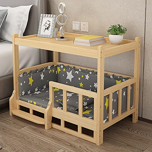 Hundebett mit Holzrahmen, 2-stöckiges Design, waschbare Matratze, einfach zu montieren, inklusive Ablageplattform