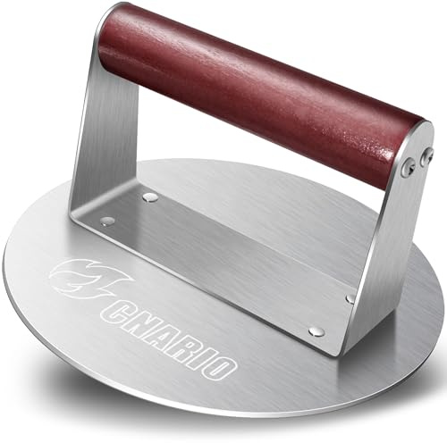 CNARIO Burgerpresse Edelstahl 16cm, Smash Burgerpresse mit Holzgriff | Burger Smasher, Hitzebeständig & Antihaft | Professionelle Patty Presse für Flat Top Grill, Grillplatte & BBQ, Leicht zu Reinigen