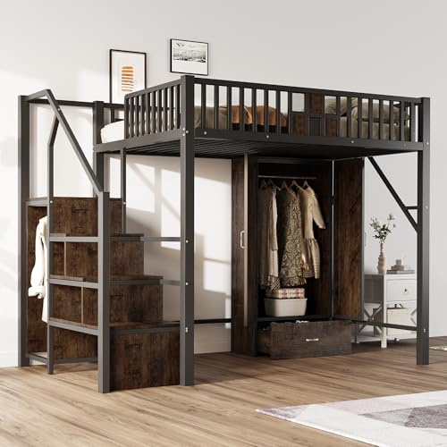 Merax Loftbett 140x200 cm mit großem Kleiderschrank, Schubladen, Hochbett aus Metall-Holz-Kombination mit Geländer und Aufbewahrungsleiter, modernes platzsparendes Design