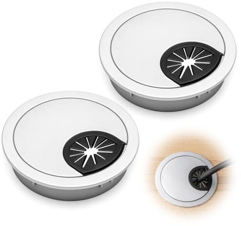 2 Pack Desk Grommet Kit 60mm Round Desk Cable Hole Cover, Silver | Computer Desktop Grommets, Management Wire Organizers, Plastic Table Cord Hole Cover for Home and Office