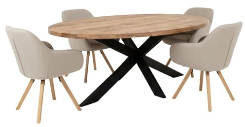 MR. DEKO Esszimmer Set | Stühle Matera Beige FSC® Zertifiziert | Tisch Avola 180x90cm Mangoholz | Massivholz-Esstisch Oval | 5 teilige Essgruppe | Skandinavisch Sitzgruppe | Drehbare Sessel