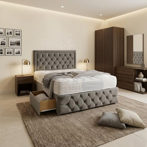 Plush Chesterfield Divan Bed with 20 Headboard & 12 Footboard, Orthopedic Mattress & 2/4 Drawer Storage Options (Grey Plush without Mattress, 4FT6 Double ( 2 Drawers Right / Left Hand Side ))
