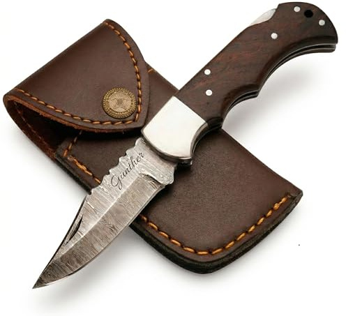 KlingenFreunde Damast Taschenmesser aus echtem Damaststahl – in Deutschland geschärft – personalisierte Gravur – hochwertiges Geschenk (Rosenholz, Basis)