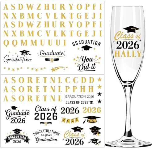 DOORIO 2 Sheets 2026 Graduation Stickers, Black Gold DIY Transfer Initials Stickers Class of 2026 Stickers for Prosecco Glass Cup Decoration Graduation Favours Gifts Party Supplies