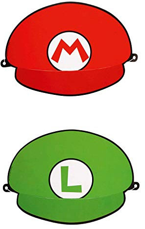 Amscan 9901544 - Partyhüte Super Mario, 8 Stück, Größe 18,1 x 12,4 cm, 2 Motive sortiert, Grün, Rot, Luigi, Papierkappe, Give Away, Geburtstag, Karneval, Kinderparty, Mottoparty, Überraschung
