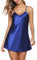 Vlazom Chemise Nuisette de Nuit Femme Satin Sexy Bretelles Reglables Robe de Nuit,Bleu Foncé-courte Style,M