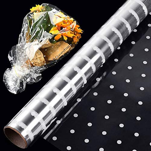 XCOZU Cellophan Geschenkpapier Rolle, 40CM x 6M Weißer Punkt Zellophan Geschenkpapier Geburtstag Hochzeit, Geschenkfolie Transparent für Geschenk, Kunst, Blumen, Handwerk
