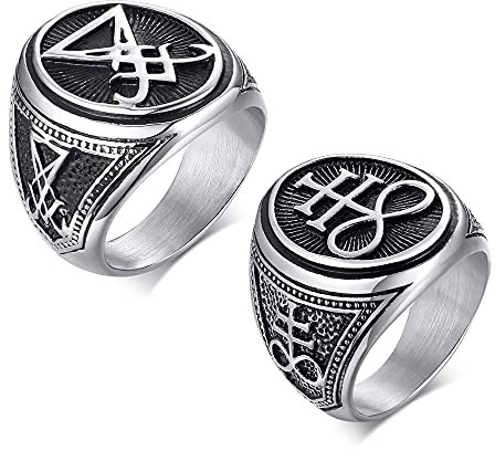 VNOX 2 STÜCK Satanisches Kreuz Ringe Set Siegel des Satans Siegelringe Edelstahl Punk Biker Ring für Männer Religiöse Schmuck Geschenk,Größe 20.6
