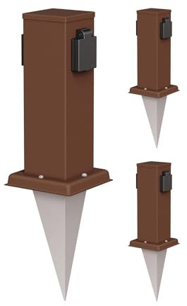 ledscom.de 3 Stück Garten-Steckdosen-Säule Polly mit Erdspieß für außen, IP44, 2-Fach, braun, eckig, 27cm