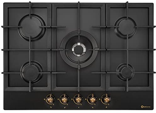 SOLTHERMIC BL032 PLACA GAS NEGRA RUSTICA CON MANDOS DORADOS/ANCHO 70 CM ENCASTRABLE EN HUECO DE 60 CM / 5 FUEGOS CON ENCENDIDO AUTOMATICO/PARRILLA HIERRO FUNDIDO