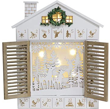 PIONEER-EFFORT Holz Weihnachten Adventskalender Haus mit Jalousien Stil LEDs Rentier Wald Xmas Geschenke für Erwachsene