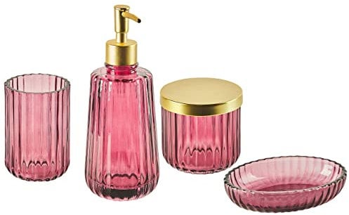 Accessoires de Salle de Bain en Verre Rose 4 Pièces Glamour et Fonctionnel Cardena