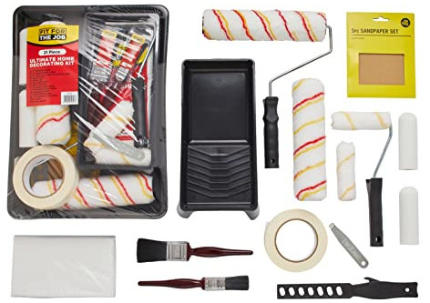 Fit For The Job Juego de 21 rodillos y bandejas de pintura definitivos: pinceles, hojas para el polvo, papel de lija, cinta y más, juegos de rodillos para pintar