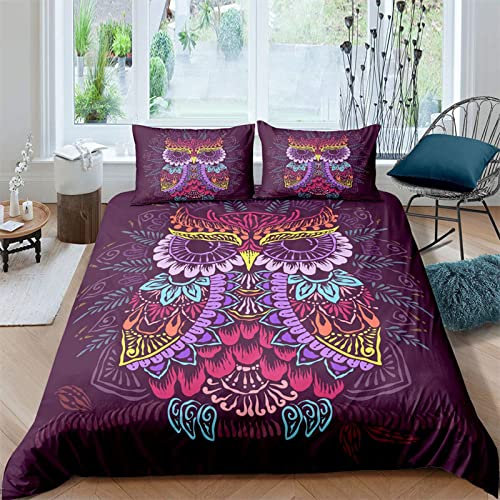 NDXRWDZR Bettwäsche 135x200 Lila Eule Bettwäsche-Set mit Reißverschluss Schließung Bettbezug für Kinder Mädchen Weicher Atmungsaktive Mikrofaser Bettwäsche + 2 Kopfkissenbezug 80x80 cm
