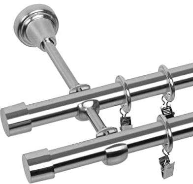 RENA Gardinenstange 2-läufig 300 cm - Modern Loft - 19 mm Metall Vorhangstange für stilvolle Wohnräume - Komplettset mit lautlosen Rollen - Edestahl Optik Luna