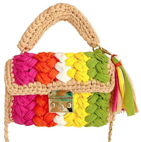 ACUYE Borsa a tracolla intrecciata all'uncinetto da donna, borsa intrecciata fatta a mano all'uncinetto, pochette da sera con manico, Stile 1, 21cm