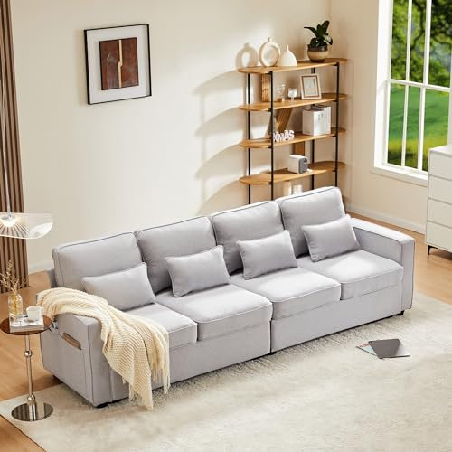 KecDuey Sofa,Modernes 4-Sitzer-Sofa aus Leinenstoff, Viersitzer-Sofa mit Armlehnentaschen und 4 Kissen, Schlafsofa im einfachen Stil, geeignet für Wohnzimmer, Wohnung, Büro (Grau)