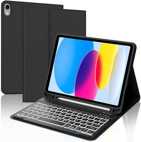 WAVATA Funda con Teclado para iPad 10ª Gen 2022/ A16 11 Gen 2025- Teclado Español Bluetooth Desmontable para iPad A16 11 Gen/ 10 Gen 2022, Teclado Retroiluminado– Negro
