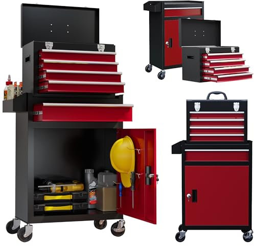 HOMCOM Carrello Porta Attrezzi con 5 Cassetti e Ruote, Cassetta Portautensili Rimovibile, Armadietto con Chiave in Acciaio, Rosso