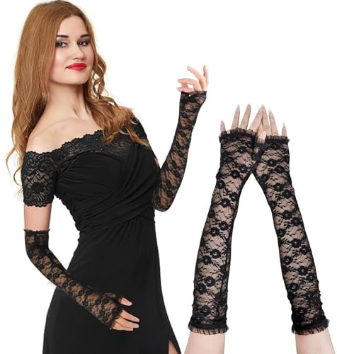 NiceYnn Women Long Lace Fingerless Gloves, Elbow Length Opera Gloves, UV Protection Arm Sleeves, Punk Rock Arm Warmer Mittens, 80s 90s Party Cosplay Costume Sheer Mesh Lace Floral Black