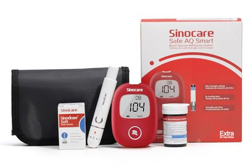 Medidor de Glucosa en Sangre, sinocare Medidor Glucosa Safe AQ Smart con Tiras Glucosa x 25, Glucometro con dispositivos de lanceo x 25 & bolsa de transporte (mg/dL) (safe AQ Smart)