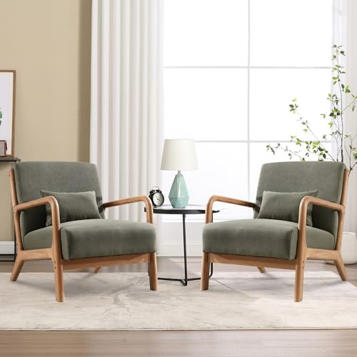 Living Room Armchair Modern Accent Chair, Lounge Single Sofa Reading Arm Chairs for Bedroom with Extra Thickened Seat Solid Wooden Frame, Tub Chair Occasional Chairs Set of 2, Olive Green