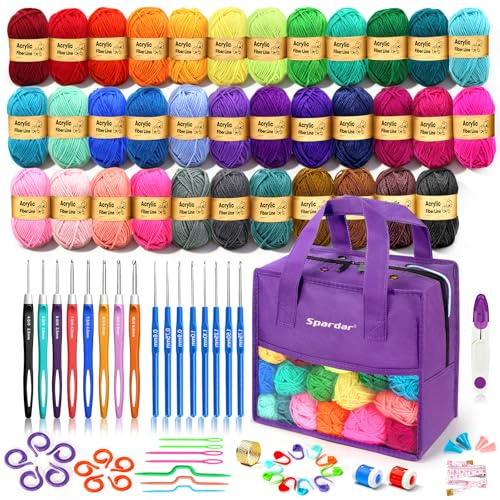 Spardar Häkelgarn-Set für Anfänger und Erwachsene, 35-teiliges Acrylgarn-Set zum Häkeln, 89-teiliges Häkelzubehör-Set mit ergonomischen Haken, Stricknadeln (Traubenviolett)
