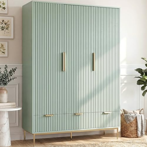 Blisswood Fluted 3 Door Wardrobe with Drawers – Modern Painted Bedroom Wardrobe with Hanging Rail & Shelves, Freestanding Storage Cupboard, Metal Handles & Raised Legs, 138.5 x 55 x 180 cm Sage Green