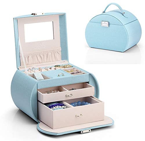 Vlando Schmuckkästchen Mädchen, Schmuckschatulle Leder mit Spiegel, Schmuckkasten der Romanik mit Schubladen, Schmuckbox für Ohringe, Halsketten, Armbänder und Uhren, Deko Geschenk für Damen