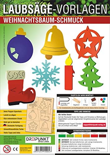 Dreipunkt Verlag / Schulze Media: Laubsägevorlage für sieben verschiedene Weihnachtsbaumanhänger aus hochwertigem 3mm Pappelsperrholz