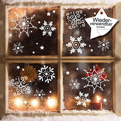 Wandtattoo Loft Fensterbilder Weihnachten mit Sternen & Schneeflocken – Wiederverwendbar – 2x A4 Bogen, 29 Sticker – Weihnachstdeko Fenster Kinderzimmer, Weihnachtsbilder Fenster, Fensterbild Winter