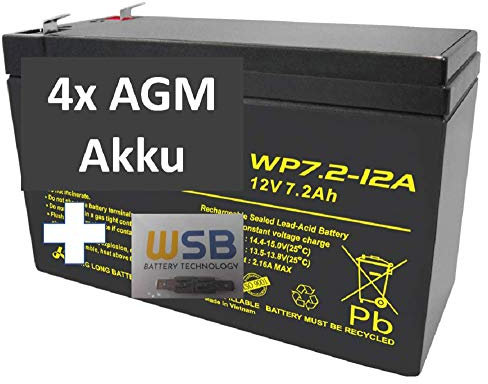 4X AGM 12V 7,2Ah Blei-Akku WP7.2-12 VDs Akku, Faston 4,8mm inkl. 2X Anschluß-Adapter
